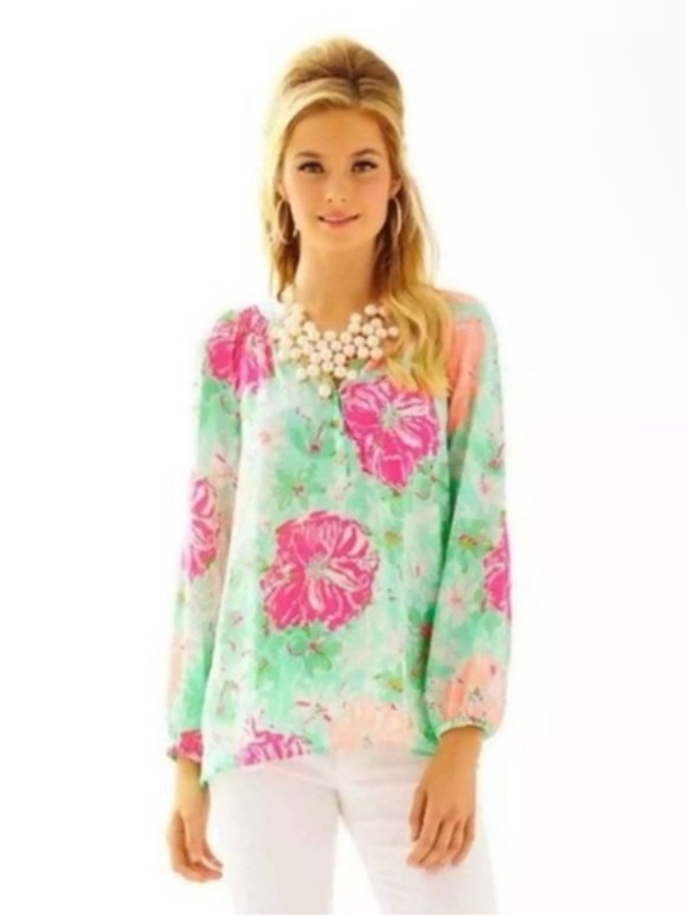 Lilly Pulitzer Mint Blouse with Pink Floral Print